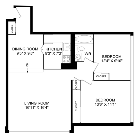 Floor plan for 2 beds, 1 bath, 936 sqft